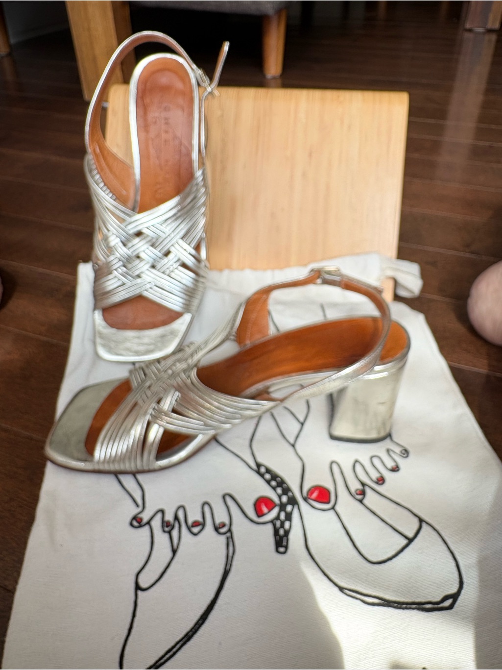 Chie Mihara Metallic Silver Braided Slingback Block Heels